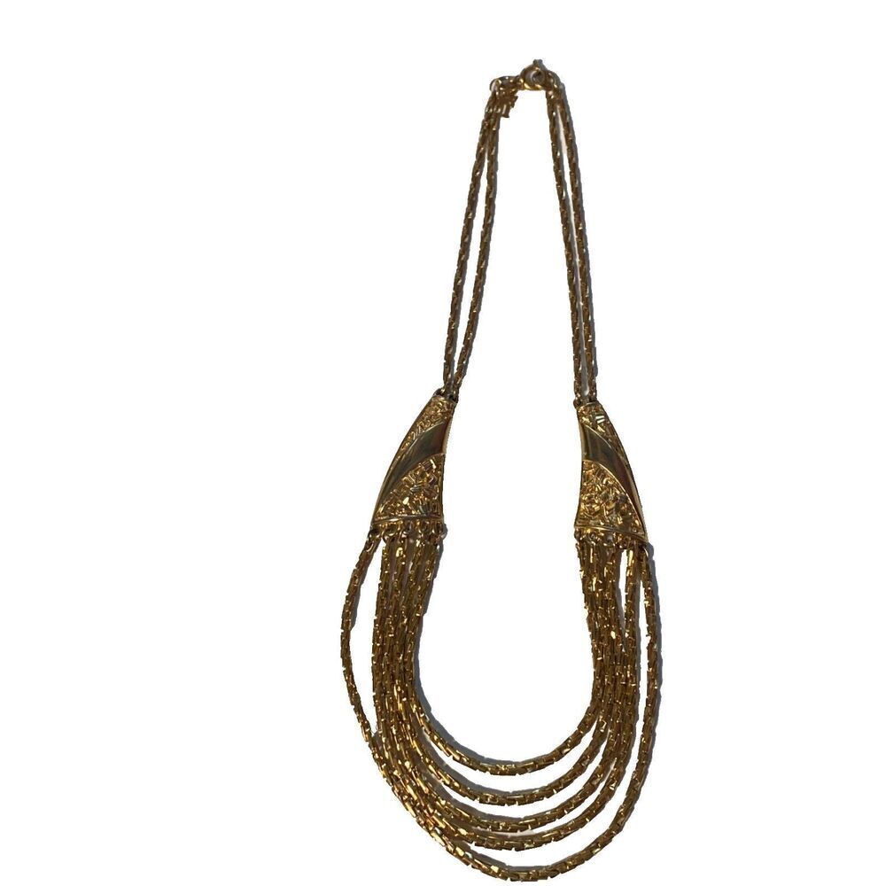 Vintage Crown Trifari Gold Tone Multi-Strand Bib Necklace | 15″ Signed Trifari © - Picture 1 of 9